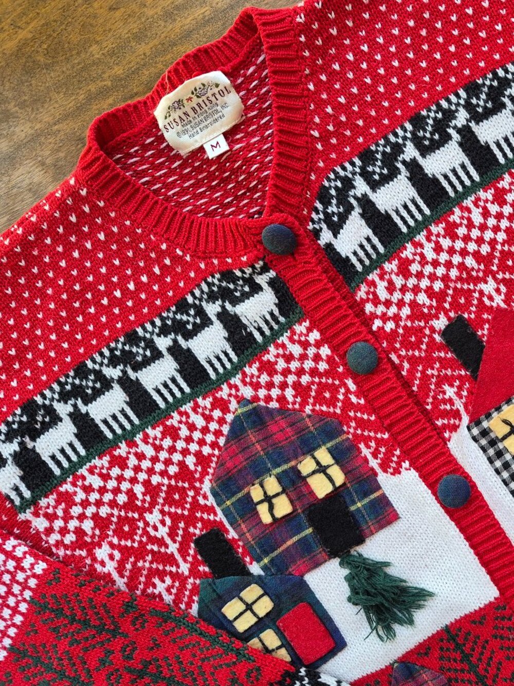 VTG Susan Bristol Med Cardigan Sweater Cotton Holiday Village Hand Embroidered